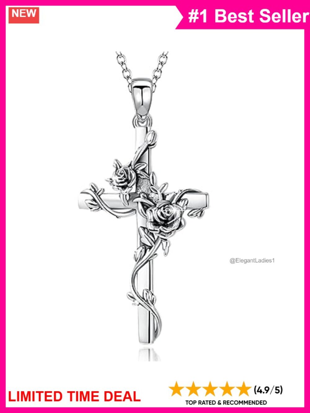 925 Sterling Silver Cross Necklace Rose Pendant Cable Chain 18 in
